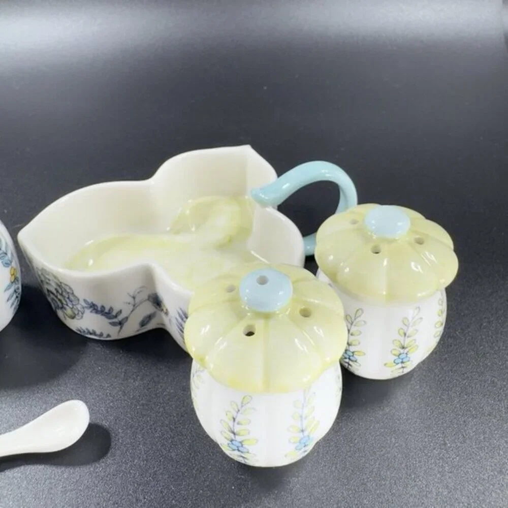 Anthropologie Ceramic Salt And‎ Pepper Covered Mustard Pot and Spoon on Tray VTG